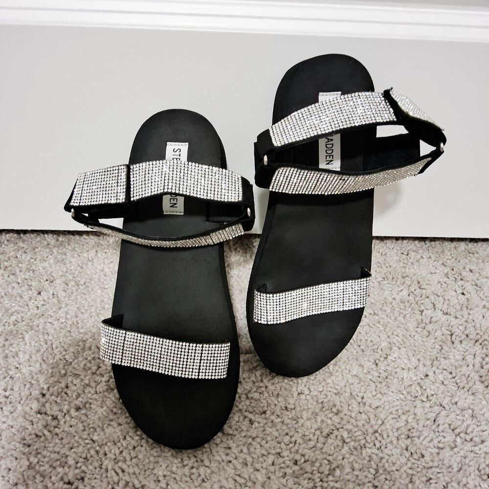 Steve Madden Women's Rhinestone Double Strap Flat Sandals Black Size 7